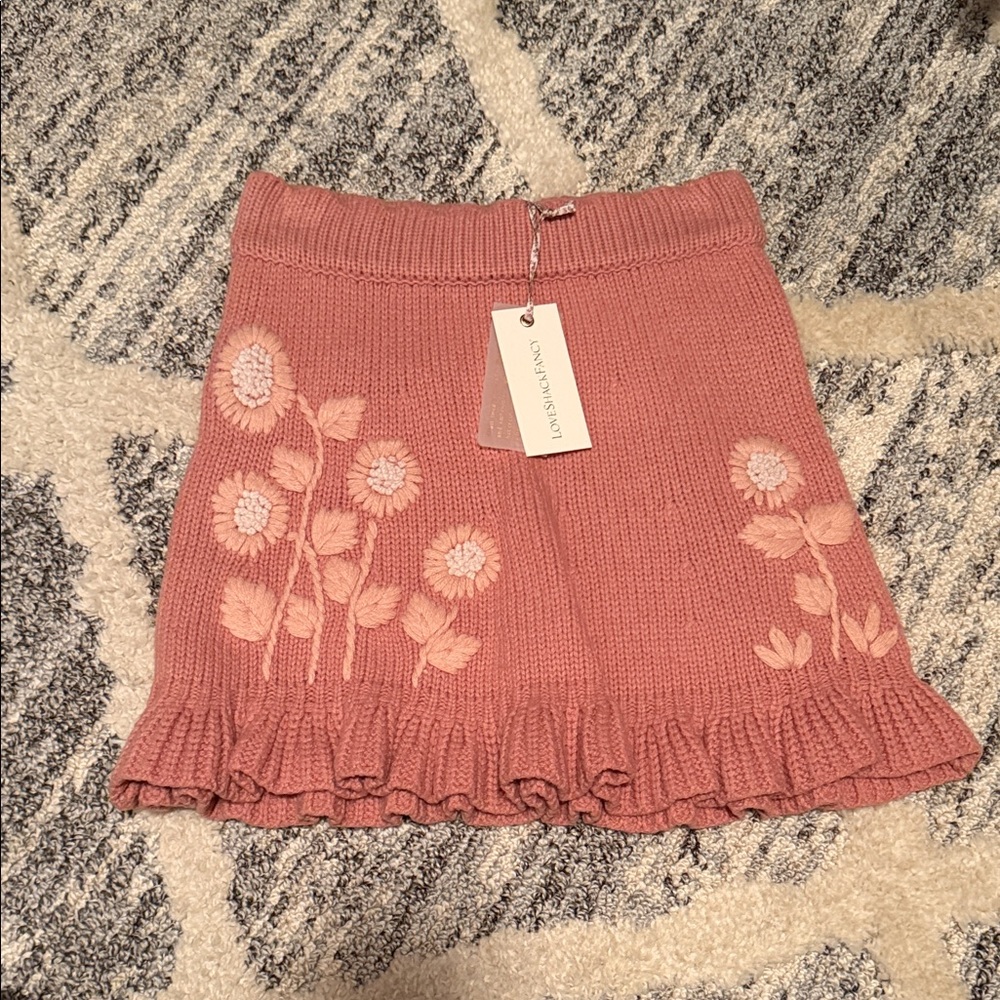 LoveShackFancy Dusty Rose Mini Skirt with Floral Details